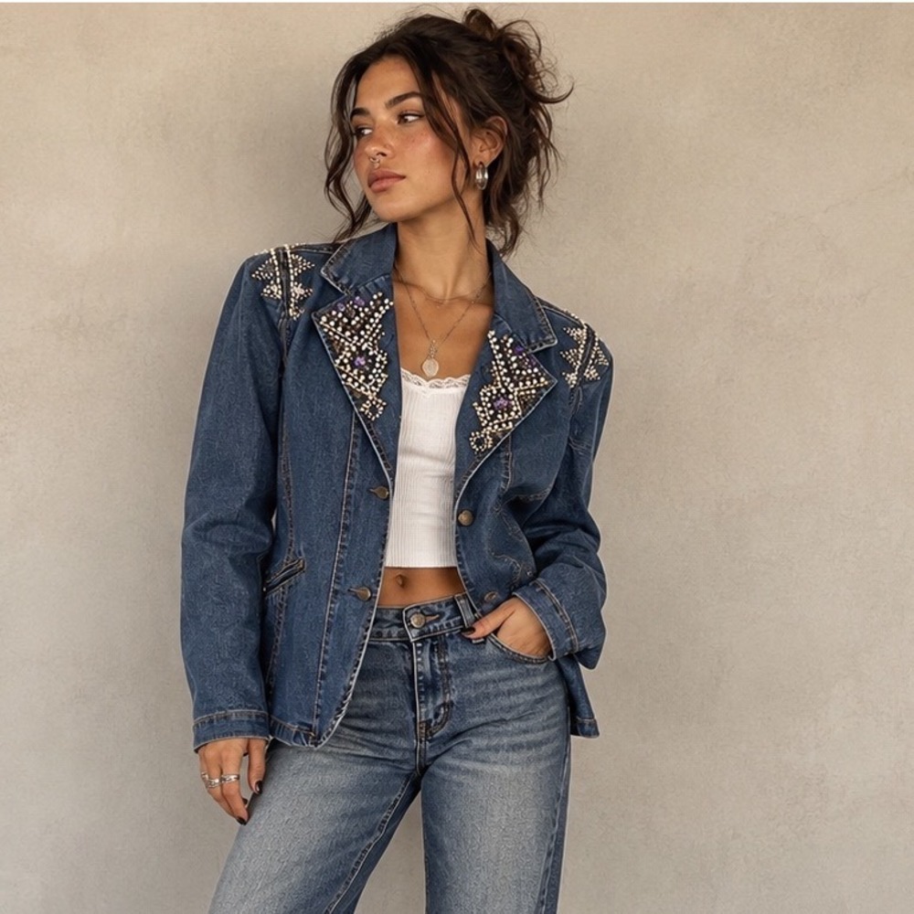 Serafina Vintage Denim Embellished Rhinestone Studded‎ Western Jean Jacket 12